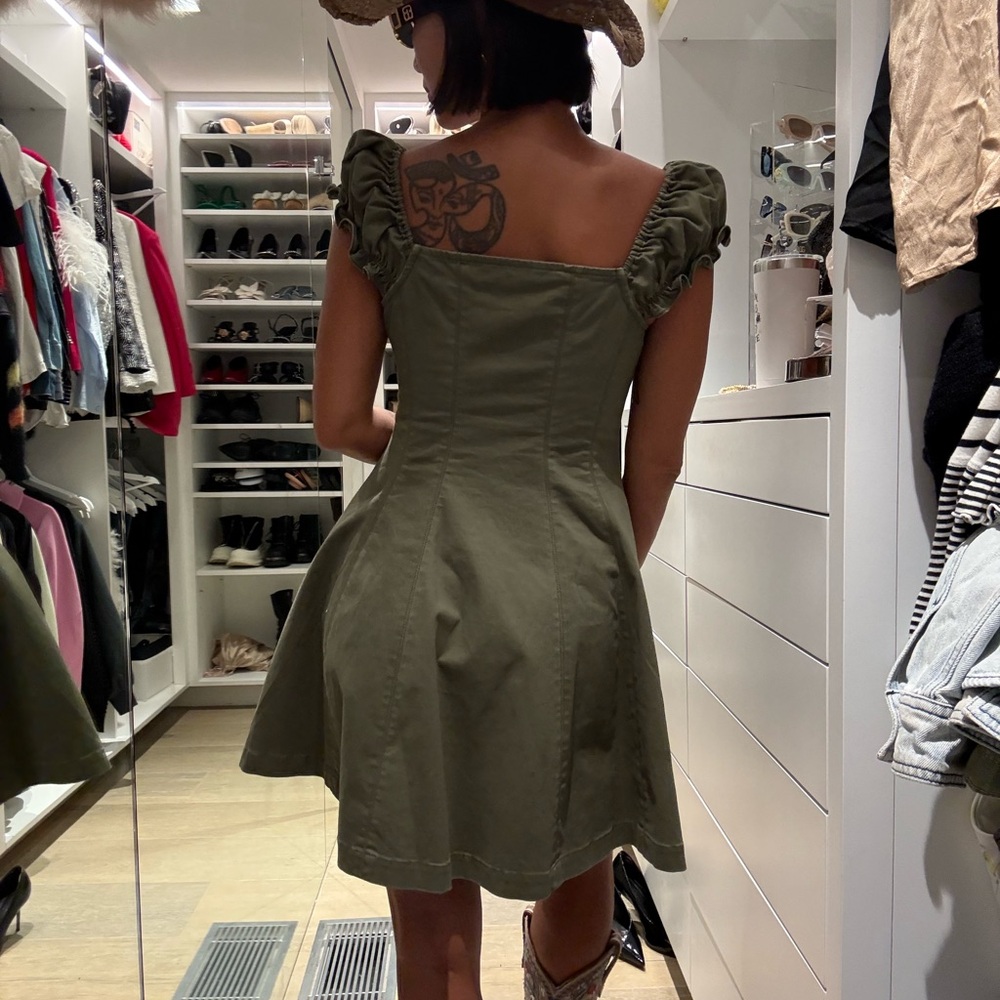 Olive Green Puff Sleeve Mini Dress Corset Style - Picture 5 of 6